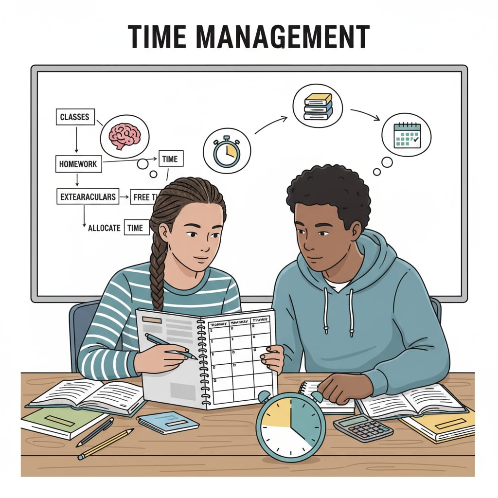 Two high school students are sitting at a desk, one is holding a planner and they are both looking at it, discussing how to manage their study time. High school students using a planner to manage their study time