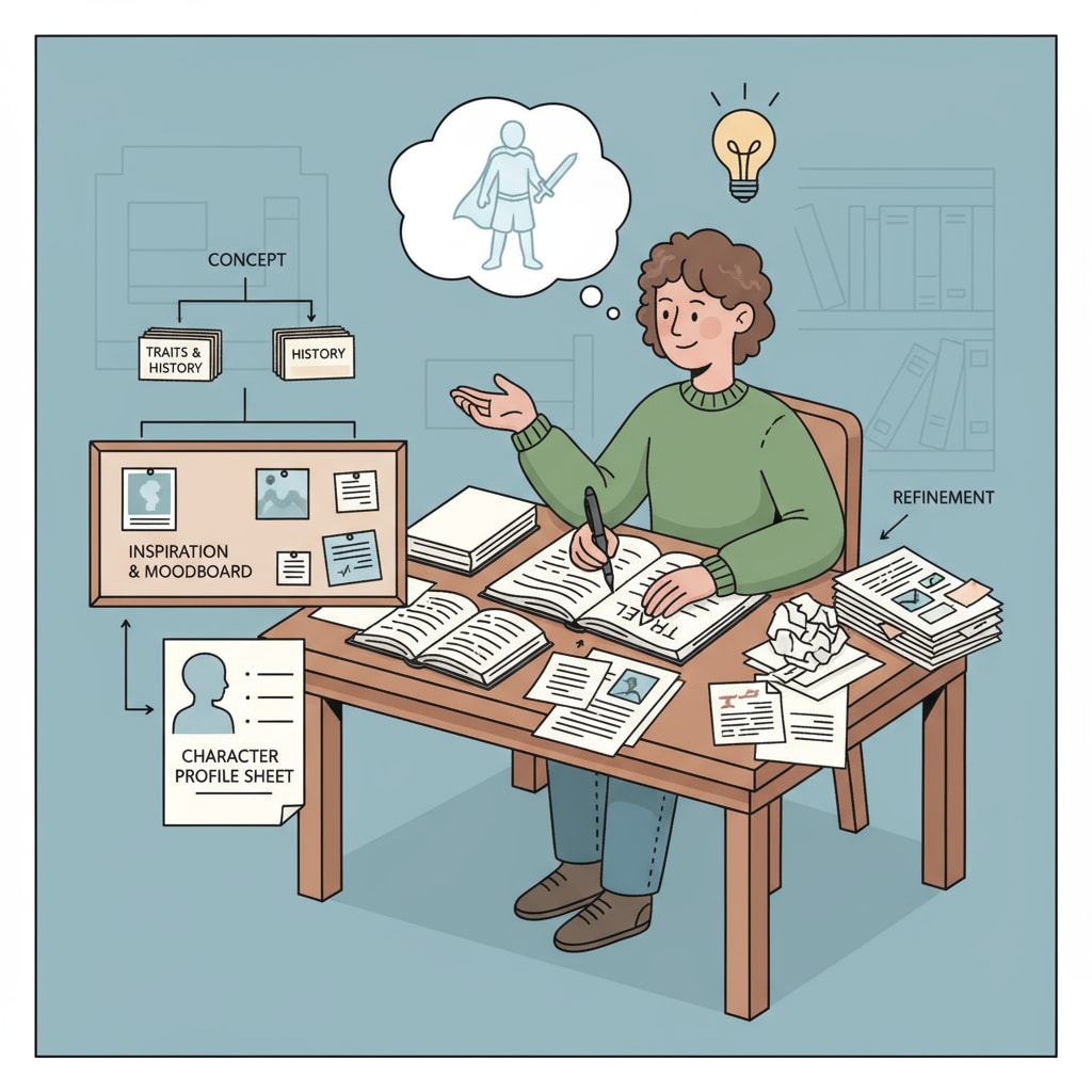 A person sitting at a desk, writing a novel with papers scattered around, showing the process of creating a character A person creating a character in the process of novel writing related to writing style and educational background