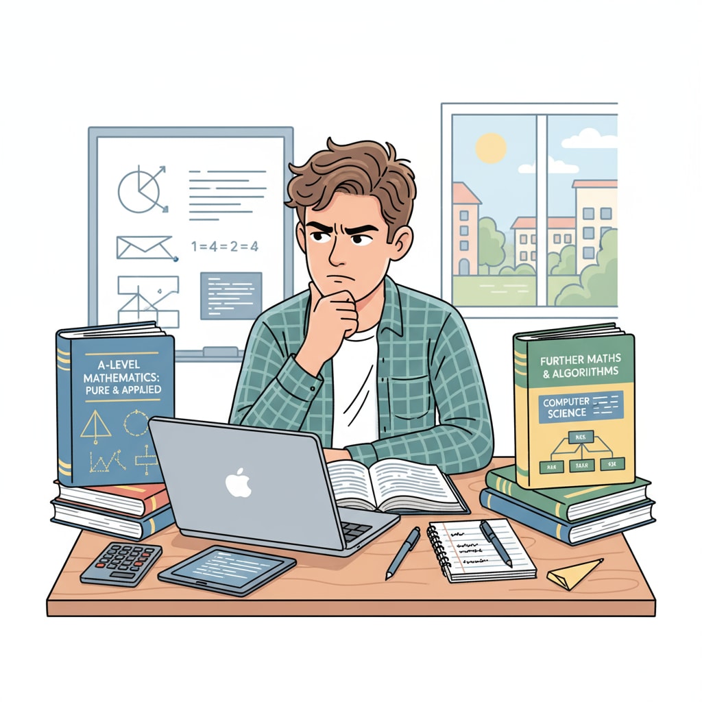 A young student sitting at a desk, looking at textbooks related to A-level and computer science. The student has a thoughtful expression, as if considering their educational path. A student contemplating educational choices between A-level and computer science