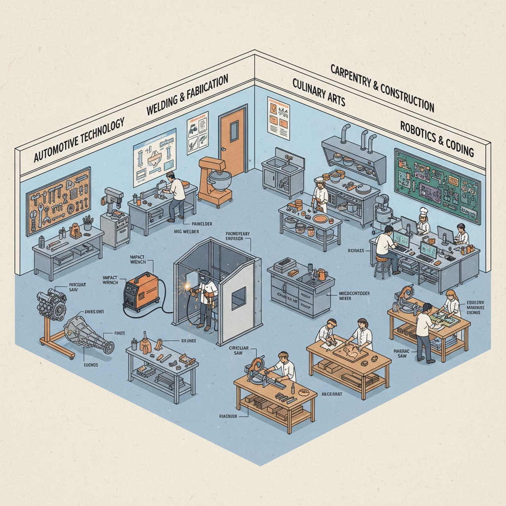 A classroom with vocational training equipment related to different fields. There are tools and machinery that students use to gain practical skills. Vocational training classroom related to educational choices away from A-level