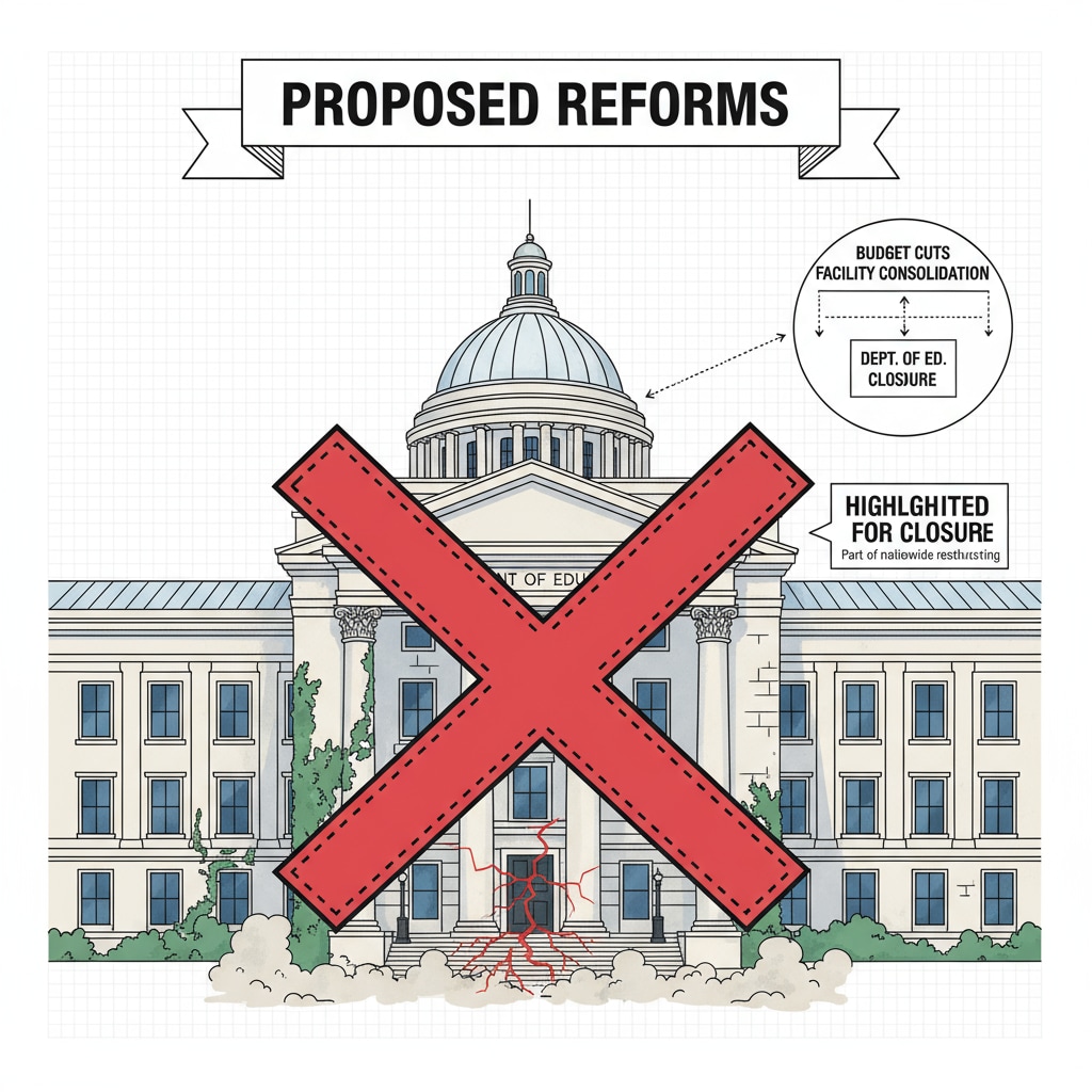 A building representing the Department of Education, highlighting the proposed closure as part of the reforms. The Department of Education building in the context of Trump administration's education reforms