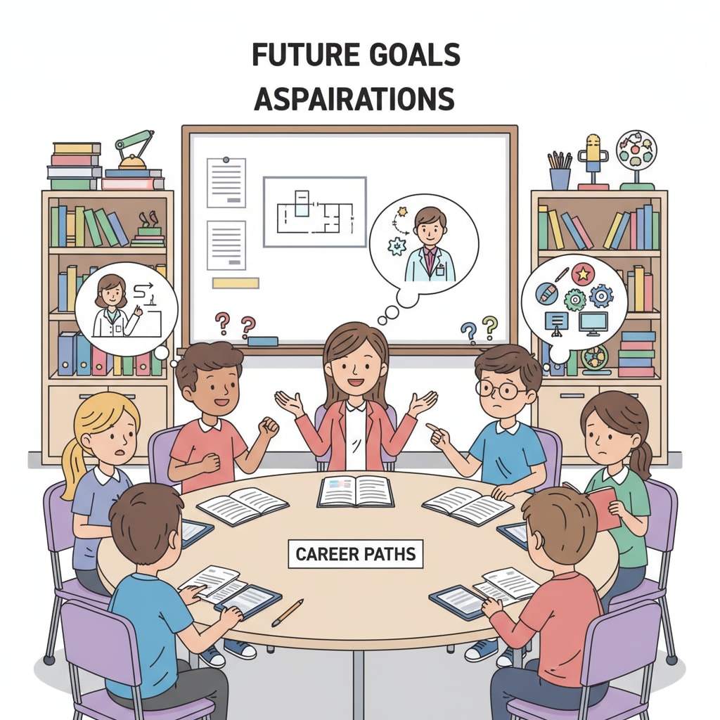 A group of students are engaged in a discussion about their future career aspirations in a classroom setting, with some looking excited and others showing signs of confusion. Students discussing dream careers and facing employment concerns in a K12 classroom