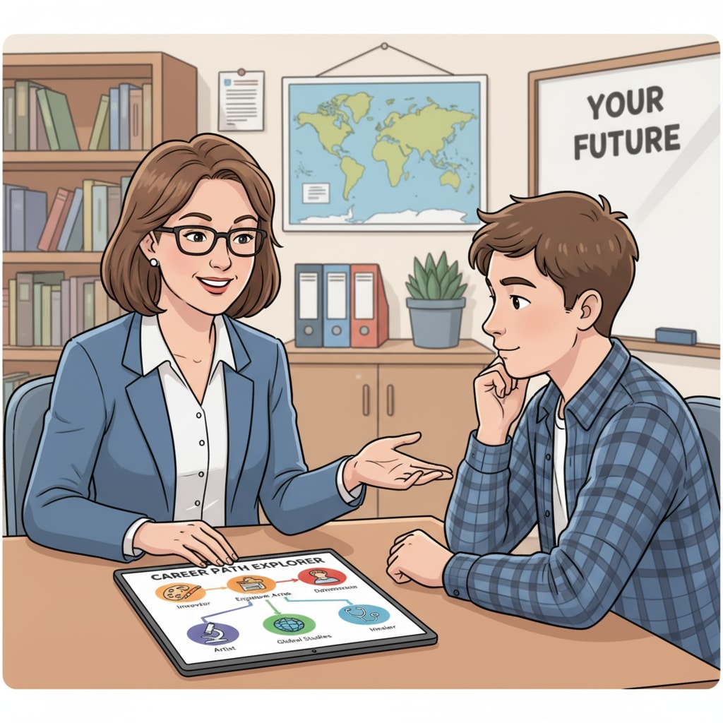 A teacher is having a one-on-one conversation with a student, explaining different career options and providing guidance during a career counseling session. A teacher providing career planning guidance to a student in K12 education
