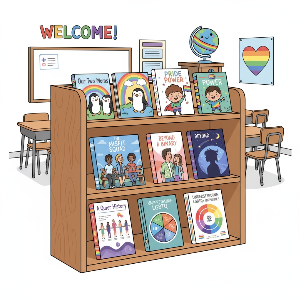 Classroom display of LGBTQ+ books promoting inclusivity in defense department education