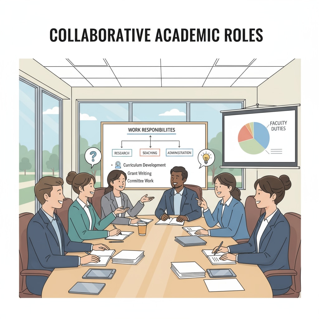 A group of educators are having a discussion about their work responsibilities in a meeting room in a higher education institution. People are sitting around a table, looking engaged in the conversation. Educators discussing additional work responsibilities in higher education