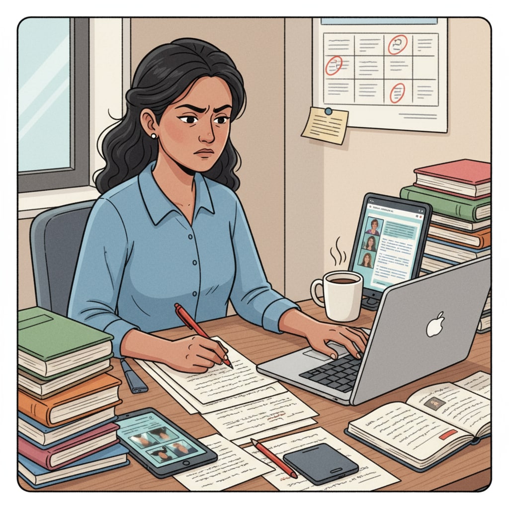 An educator is sitting at a desk with multiple papers and a laptop open. They have a stressed expression on their face while trying to manage different tasks simultaneously. Stressed educator handling multiple tasks in higher education