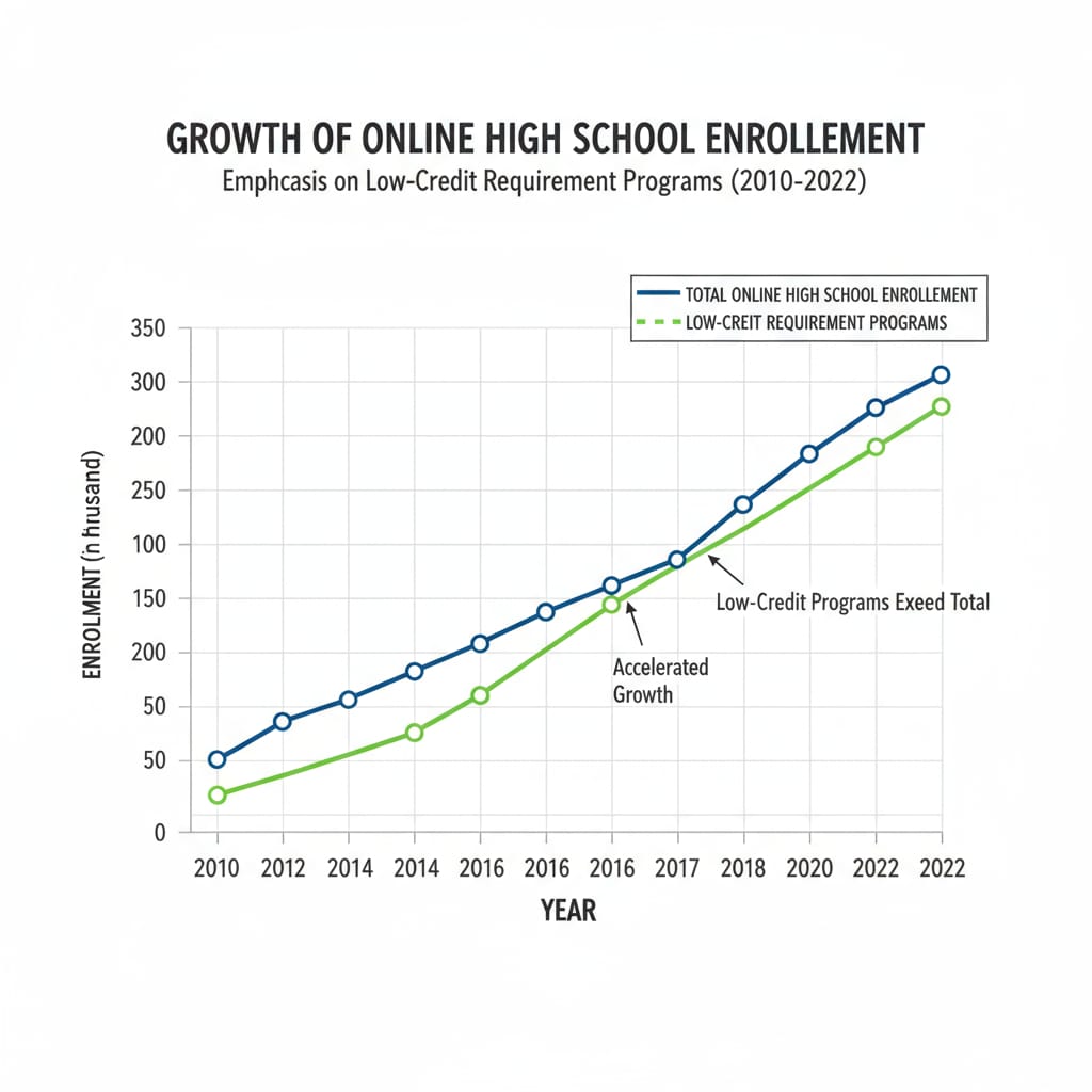 Growth of online high school enrollment with low credit requirement programs for high school diploma