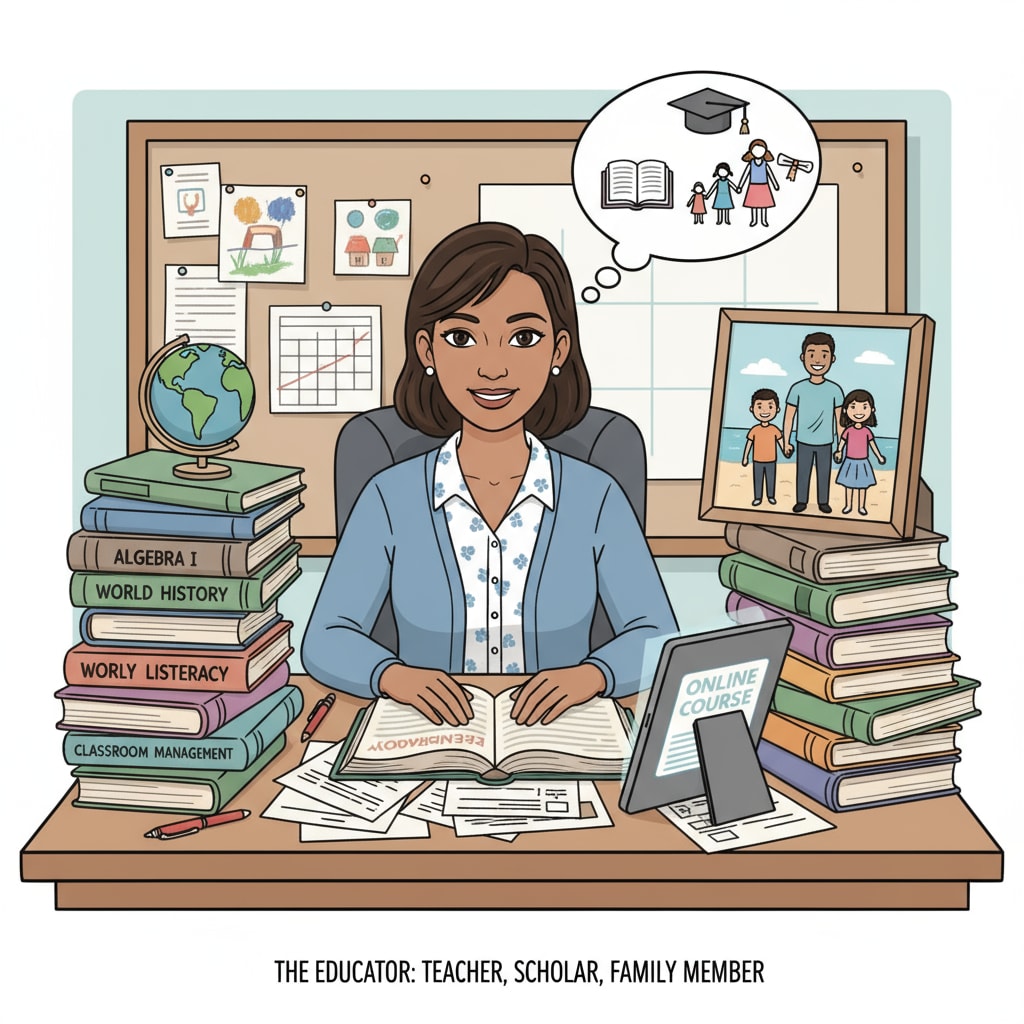 A K12 educator is sitting at a desk, surrounded by books and papers related to teaching and study, with a family photo in clear view, highlighting the three aspects of their life. K12 educator balancing work, study, and family