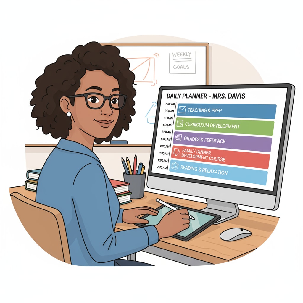 A K12 educator is using a digital calendar on their computer to plan out their daily schedule, with different time slots marked for work, study, and family activities. K12 educator using time management tool