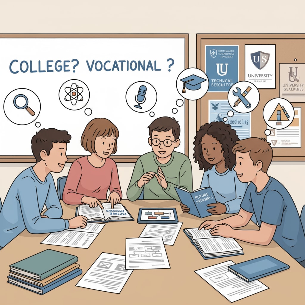 A group of teenagers are sitting around a table in a classroom, discussing different educational options available to them, with books and papers spread out. Teenagers discussing educational choices related to dropouts, GED, and educational options