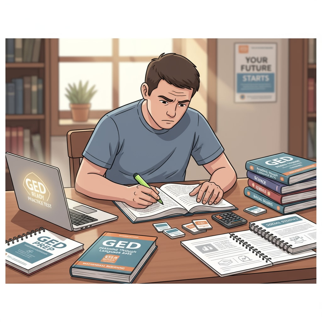 A student is sitting at a table in a library, surrounded by GED study materials, concentrating on studying for the GED test. Student studying for GED test as part of educational choices for dropouts
