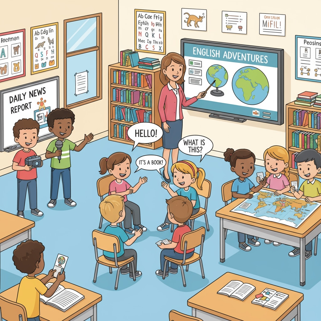 A classroom scene where students are actively involved in English language activities, such as group discussions and role-plays. A classroom scene demonstrating language teaching, early education, and teaching methods in action.