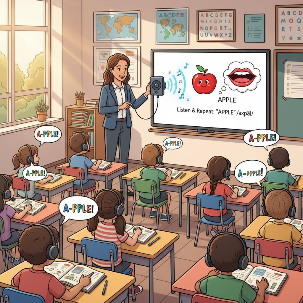 A teacher is using audio materials to teach students English pronunciation, with students attentively listening and repeating. A teacher using audio materials to illustrate language teaching, early education, and teaching methods.