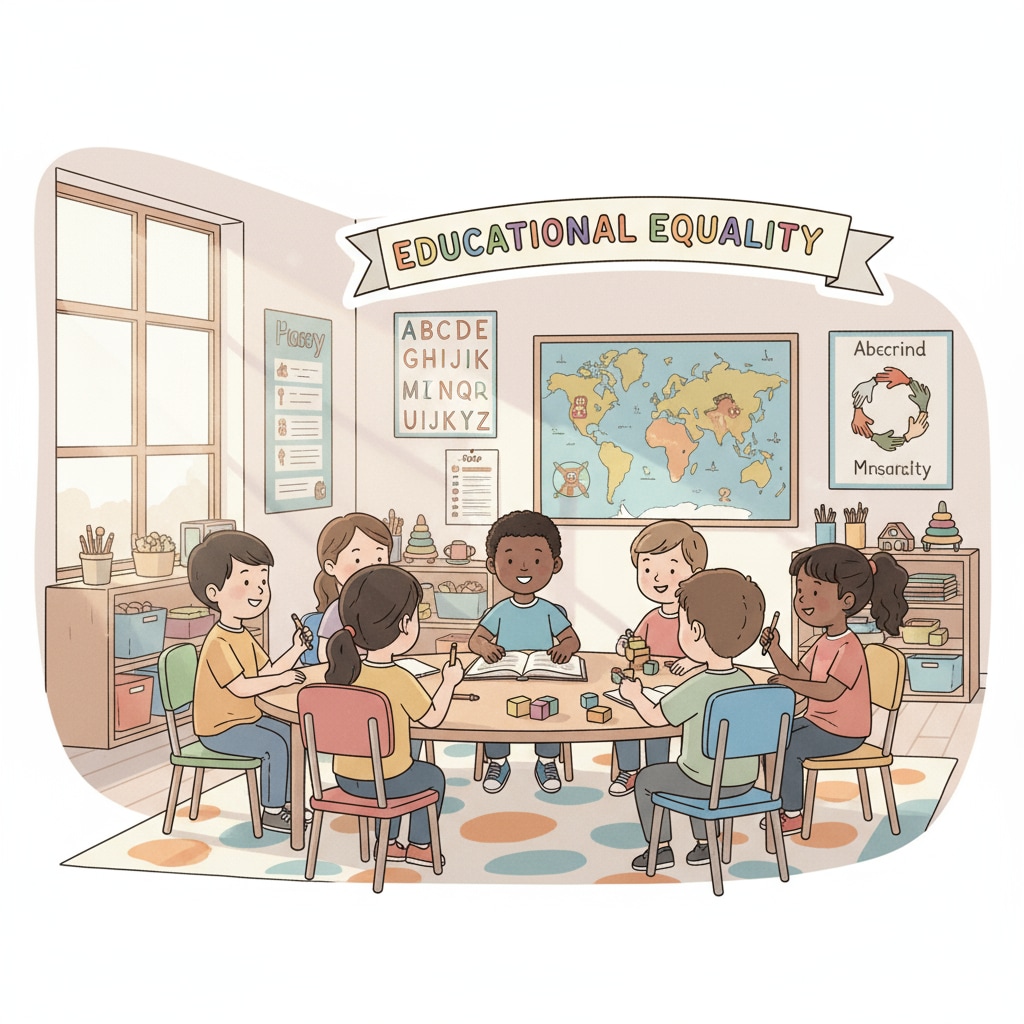 A classroom scene with children of different ethnicities sitting together, symbolizing the idea of educational equality in kindergarten. Kindergarten classroom promoting educational equality in the context of gifted education debate in New York City.
