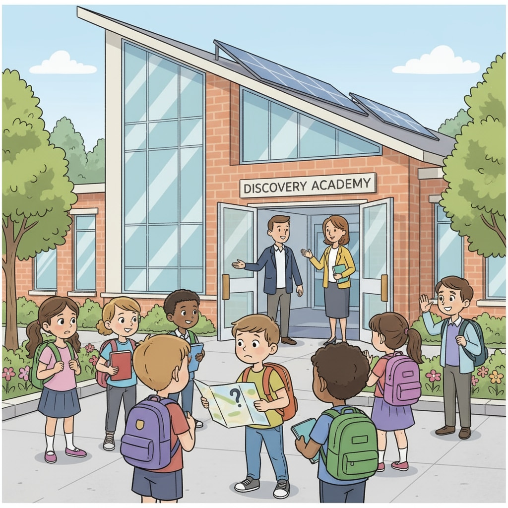 A group of students walking into a new school building, looking a bit nervous but excited Students adapting to a new school environment during school transition