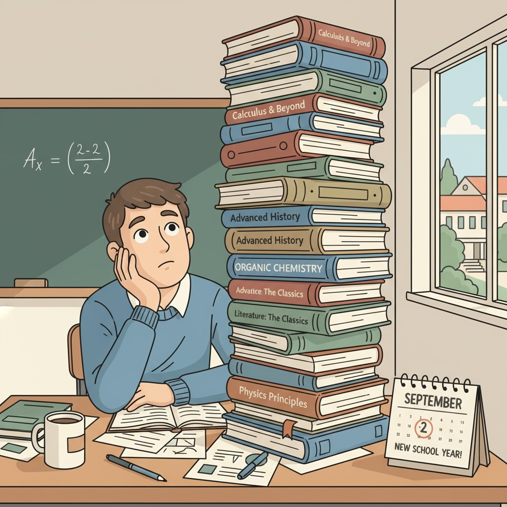 A student sitting at a desk, looking at a stack of books, representing the increased workload during grade transitions Student facing challenges during grade transition due to increased workload