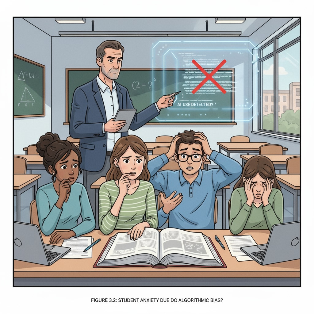 A group of students looking worried in a university classroom, perhaps after being wrongly accused of AI use Students worried about false AI use accusations in a university classroom