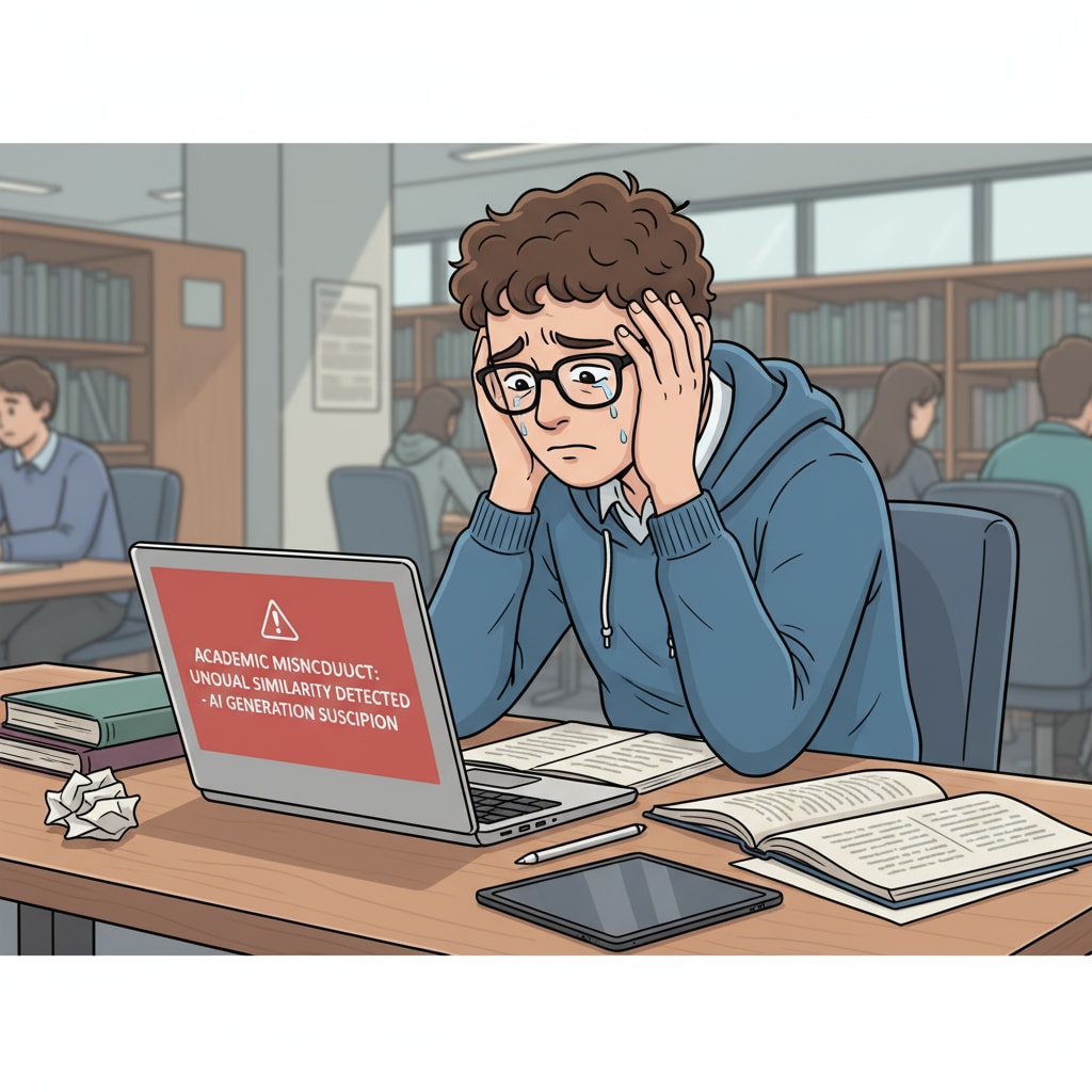 A student sitting alone, looking stressed and sad, perhaps due to a false AI use accusation Student looking stressed due to false AI use accusation