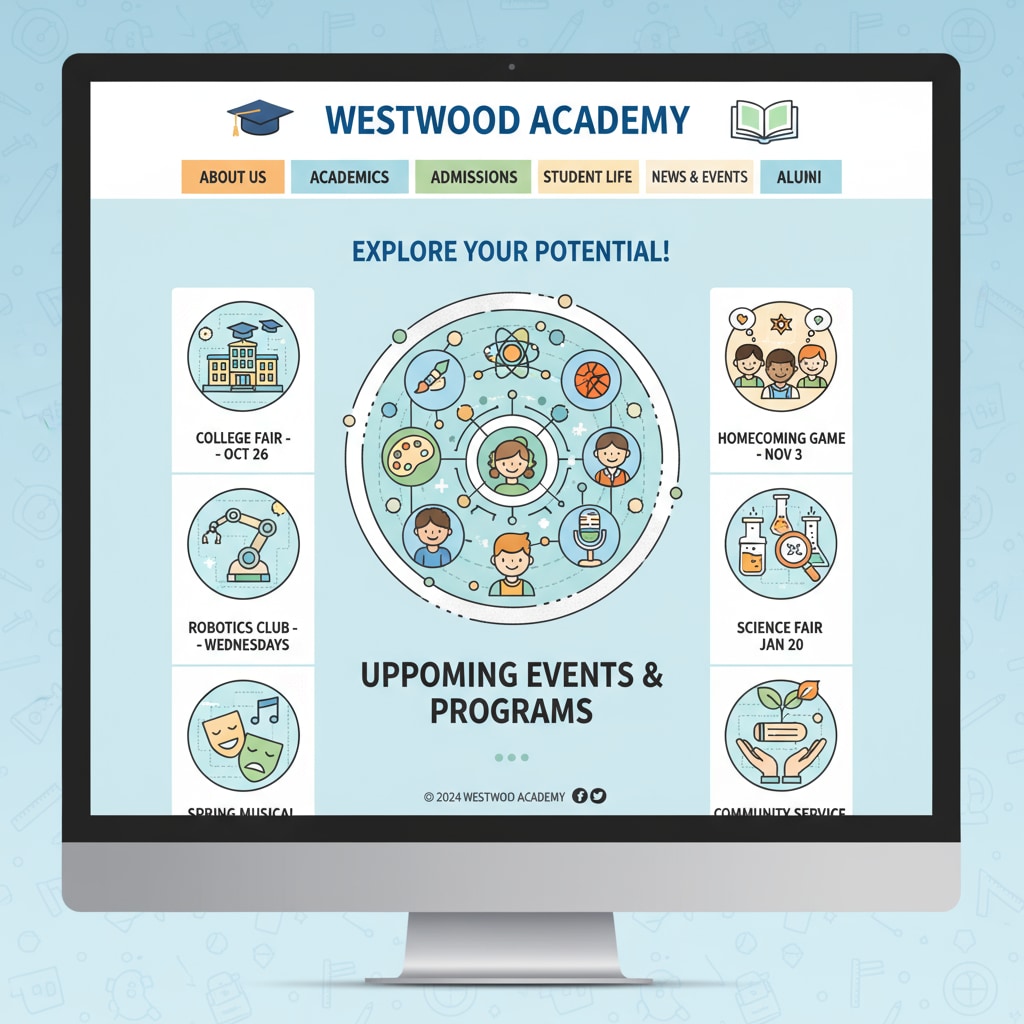 A high school website page is shown with an AI-generated image taking center stage, which is used to promote the school's events and programs. High school website with an AI-generated image related to educational standards