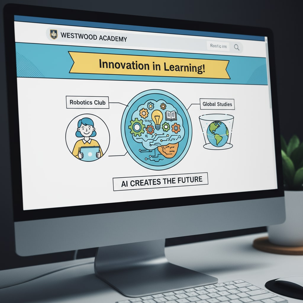 A close-up of an AI-generated image on a high school website. The image has a modern and creative design, typical of AI-generated visuals used for school promotion. Close-up of an AI-generated image on a high school website relevant to educational standards