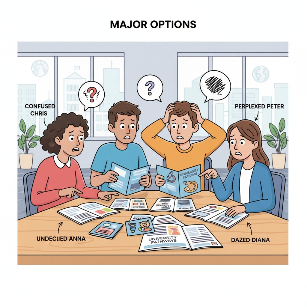 A group of students are gathered around a table, looking at brochures and looking confused while trying to decide on university majors. Students facing difficulties in university major selection due to lack of interest, with geography as an option.