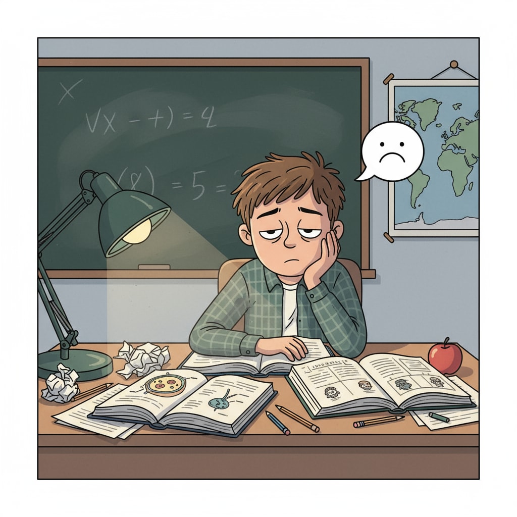 A single student is sitting at a desk, with books open, looking bored and unenthusiastic while studying. A student showing lack of interest during study, which can relate to university major selection issues including geography major considerations.