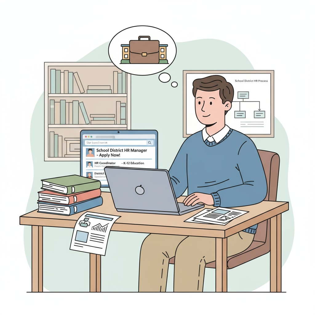 A person is sitting at a desk, looking at job listings related to school district HR positions, with papers and a computer in front of them. A person exploring career transition to school district HR positions