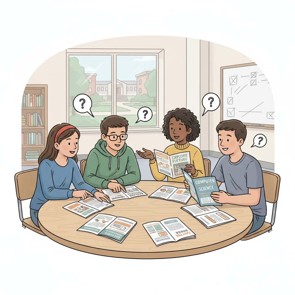 A group of high school students are sitting around a table, looking at brochures about different college majors, having a lively discussion. High school students exploring college majors and discussing career directions