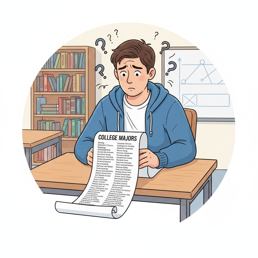 A single student is sitting at a desk, looking at a long list of college majors on a piece of paper, with a confused expression on their face. A student facing the dilemma of choosing a college major while exploring career options
