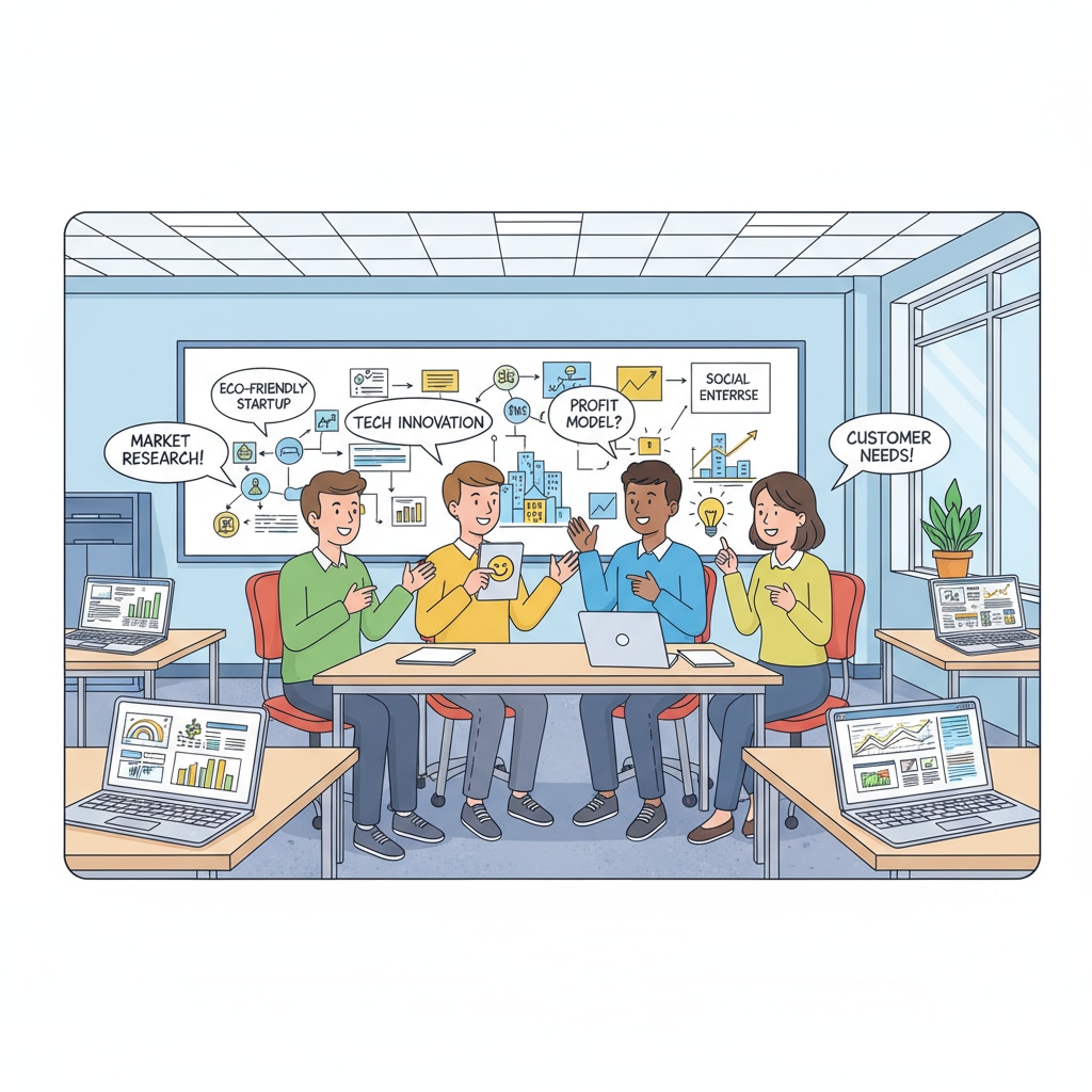 Business students discussing ideas in a higher education environment without relying on math skills