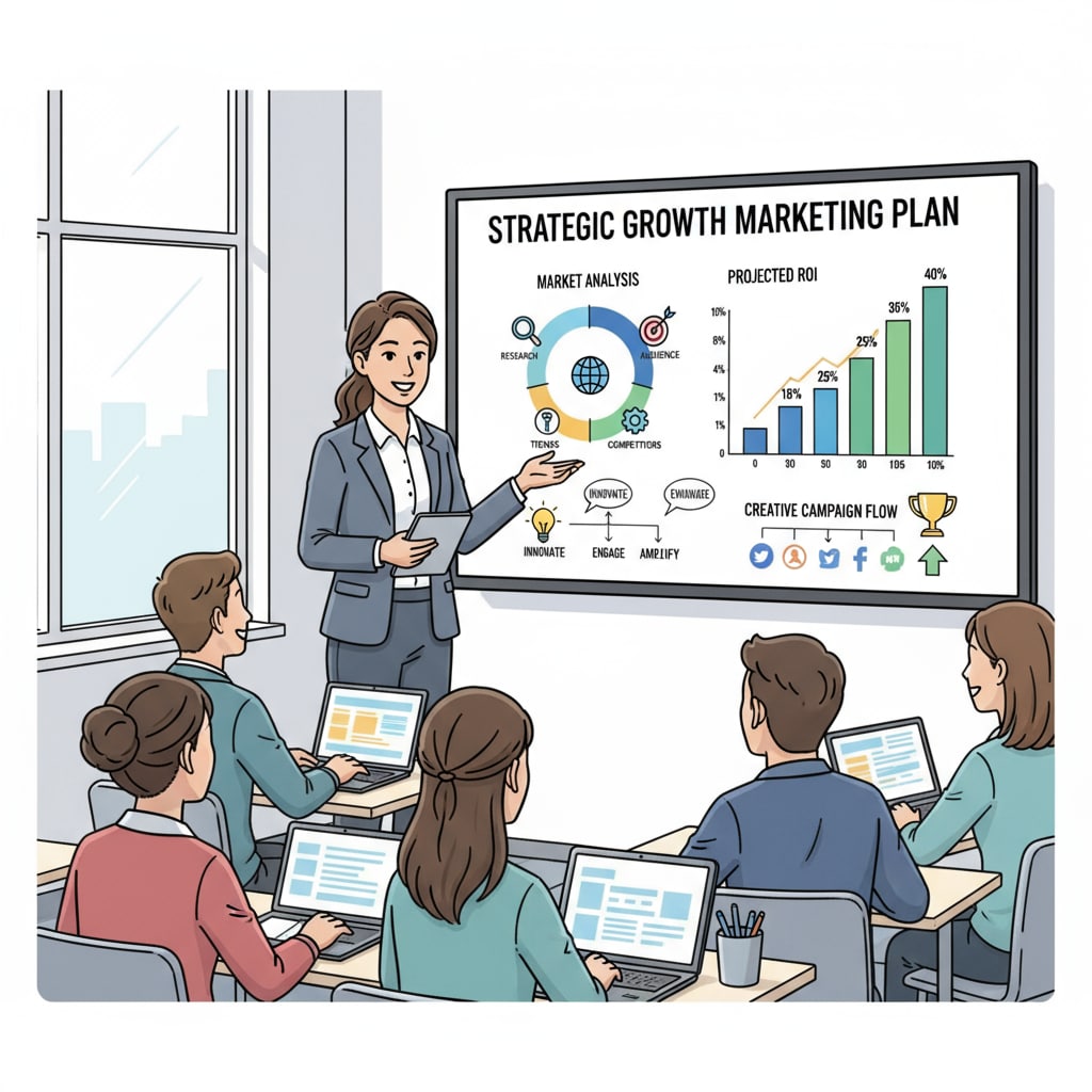 A business student with no strong math background presenting a marketing plan as part of their career development in higher education