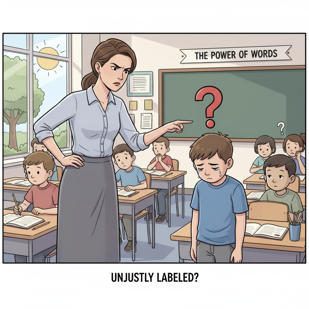 A classroom scene where a teacher is pointing at a student with a disappointed expression, while the student looks downcast. This depicts the moment when a student may be unjustly labeled. A scene showing potential unfair labeling in a teacher-student relationship