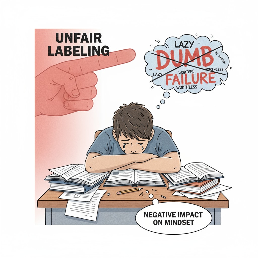 A student sitting alone at a desk, looking sad and discouraged, with books and papers scattered around. This represents the negative impact of unfair labeling on a student's state of mind. A student affected by unfair labeling in a campus setting