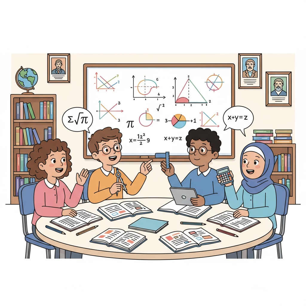 Students discussing math problems in a classroom related to professional choices, mathematical abilities, and European study abroad