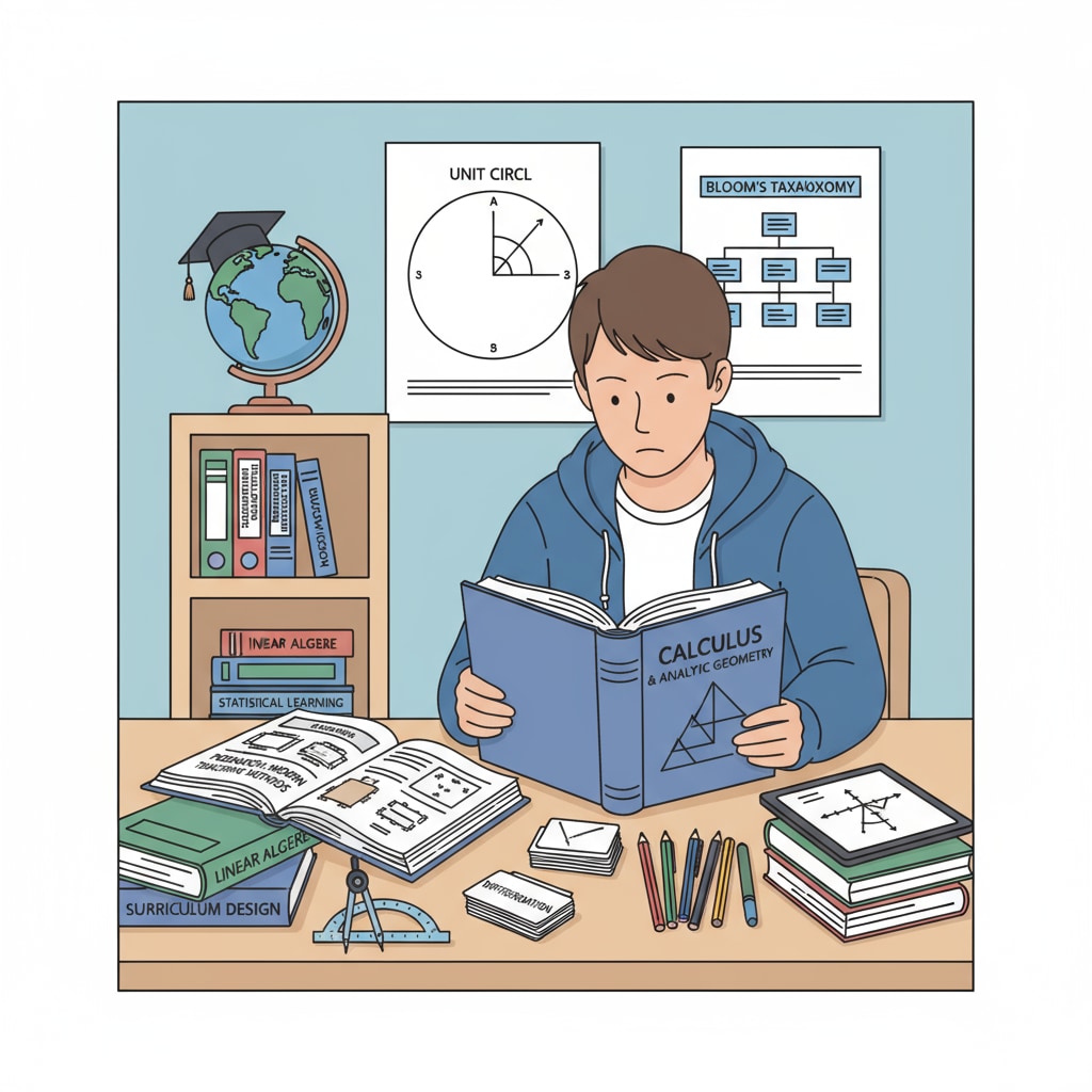 Student looking at math textbooks and educational materials for professional choices, mathematical abilities, and European study abroad