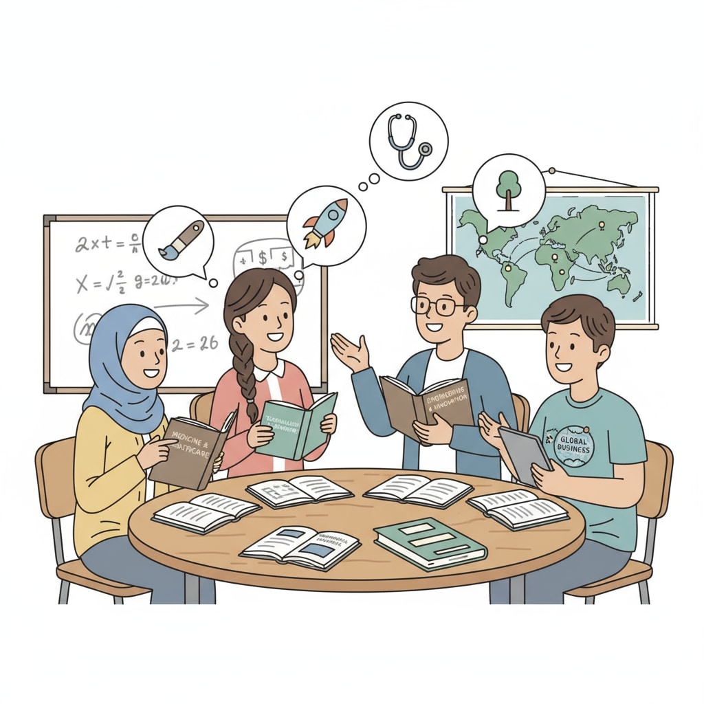 A group of teenagers are sitting around a table, animatedly discussing their future career dreams, with some holding books about different professions. Teenagers discussing career choices amidst parental pressure, military education considerations