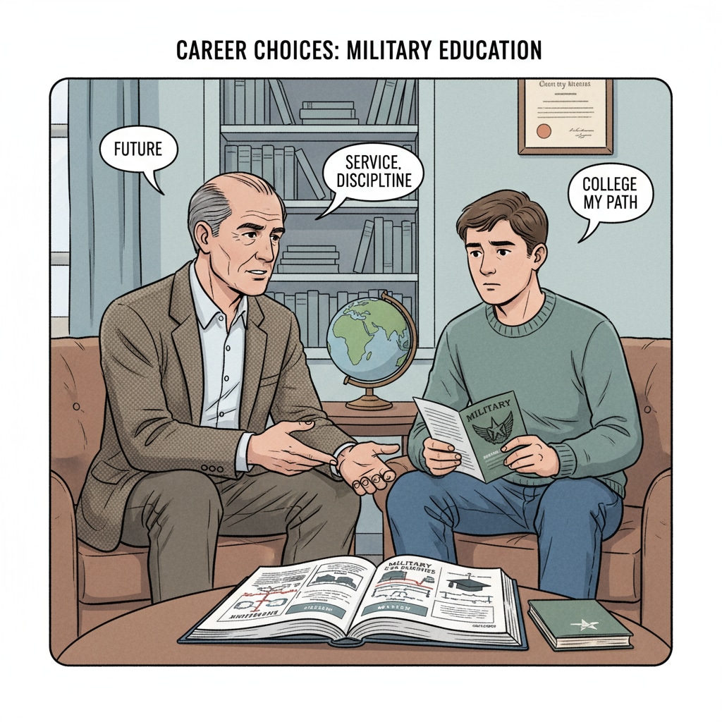 A father and son are sitting in the living room, with serious expressions on their faces, engaged in a deep conversation about the son's future career, especially regarding military education. Father and son having a crucial conversation about career choices influenced by parental pressure and military education