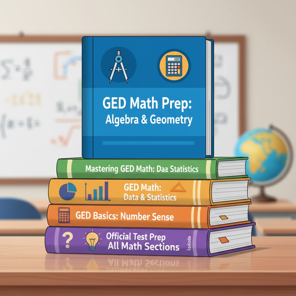 Stack of GED math study resources