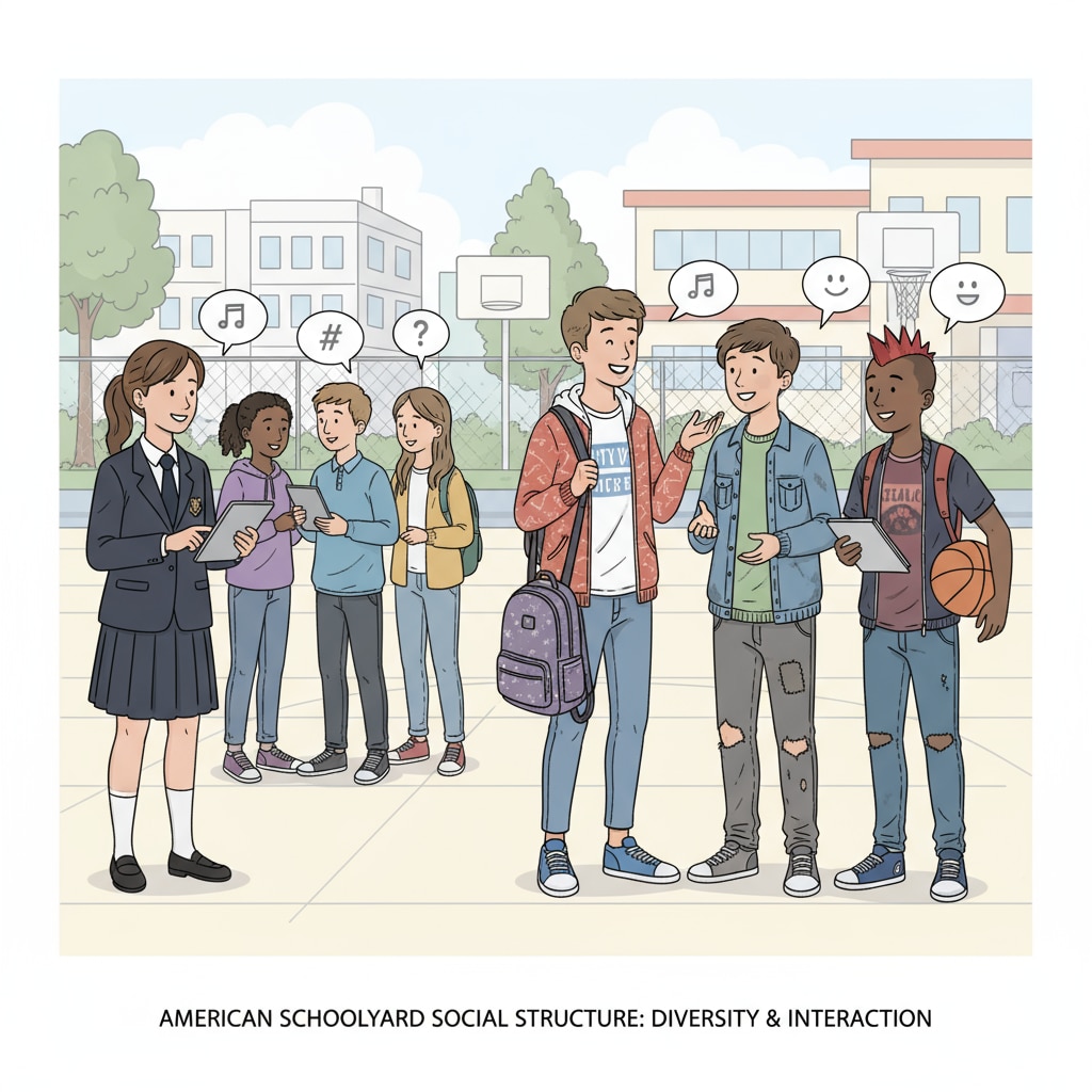 American school students from different social classes interacting in the schoolyard, highlighting social class screening within the school system