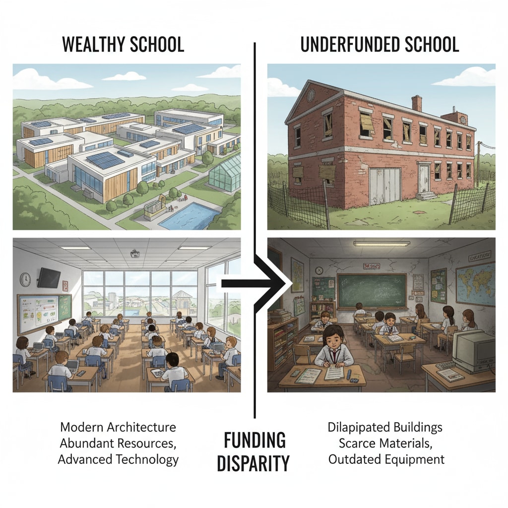 Comparison of American schools in wealthy and poor areas, showing the impact on social class screening in education