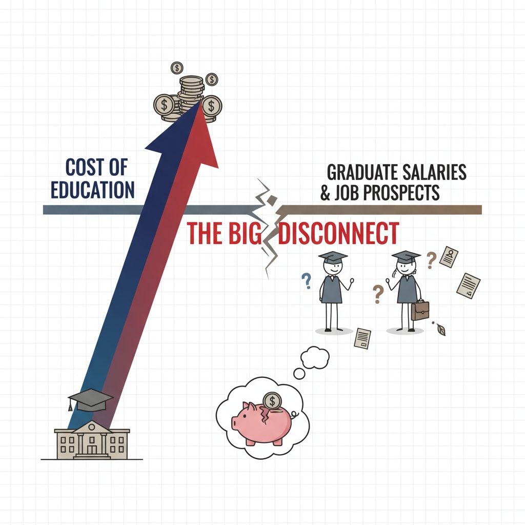 Graph showing the relationship between education cost, job prospects, related to university degrees, job market, and career development