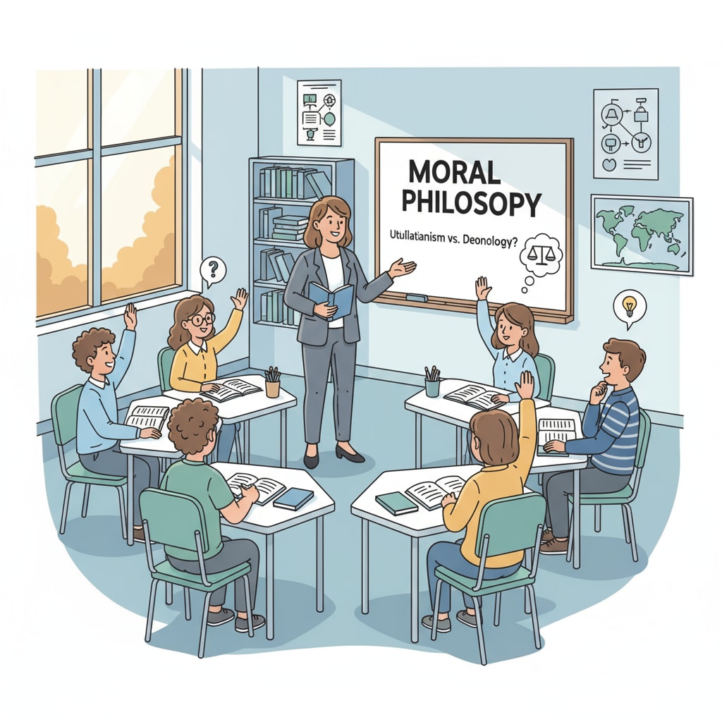 Students discussing moral philosophy in a classroom setting as part of compulsory courses related to moral philosophy, ethics, and empathy.