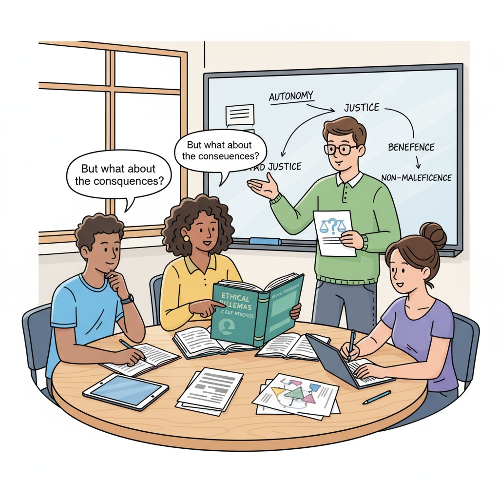 Students engaged in an ethics project as part of their education which includes moral philosophy, ethics, and aims to develop empathy.