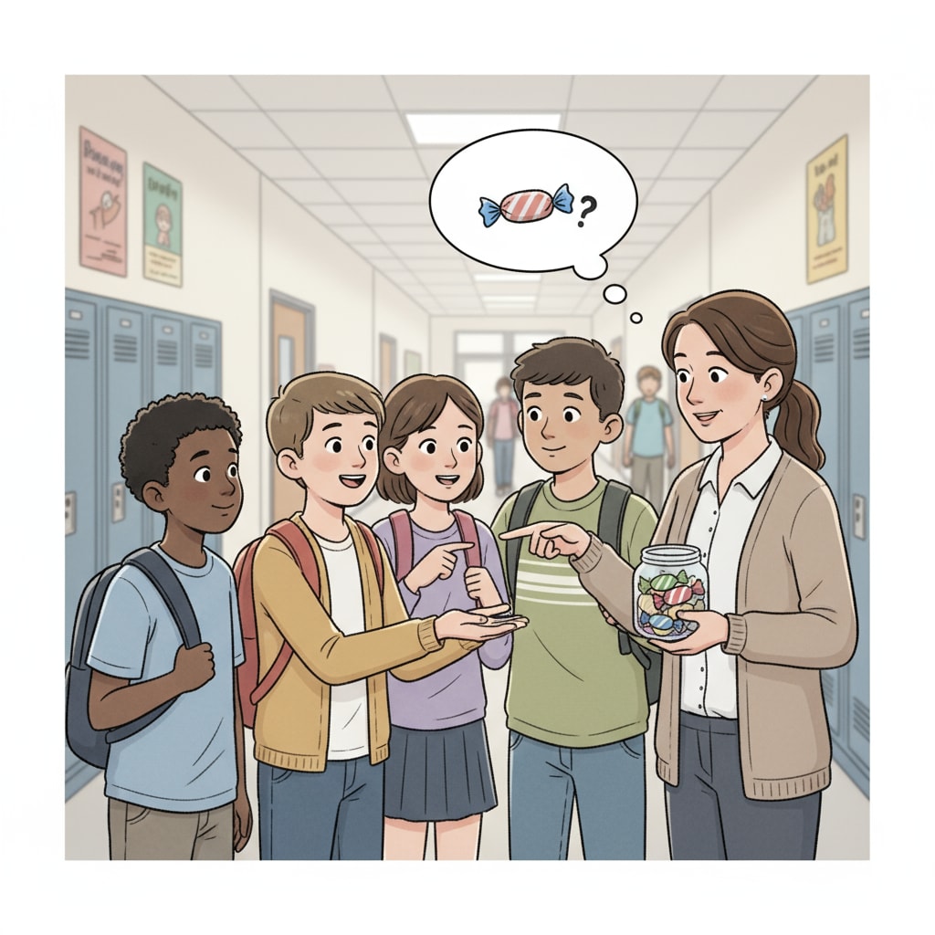School scene of a relative student asking for candy, related to school relationships, kinship interactions, children's behavior, and workplace troubles