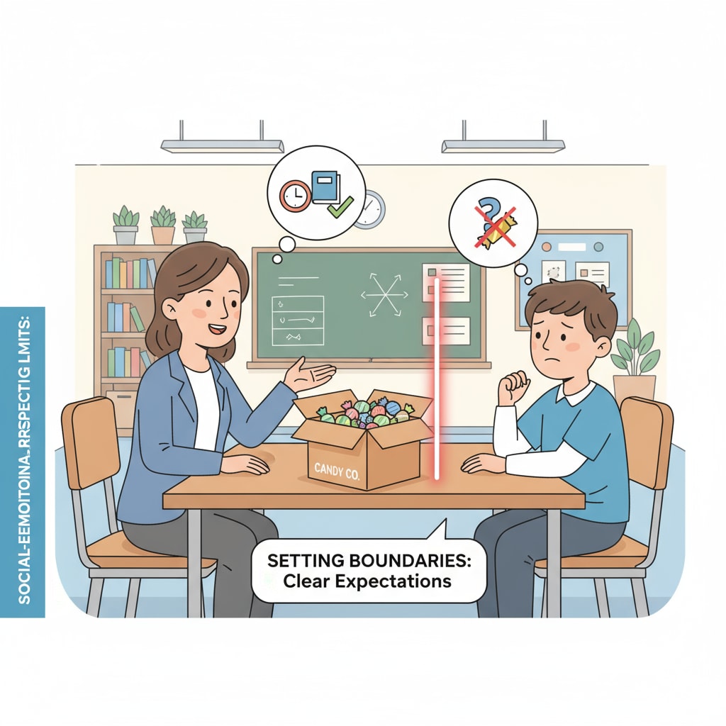 Teacher and student conversation about candy boundaries, related to school relationships, kinship interactions, children's behavior, and workplace troubles