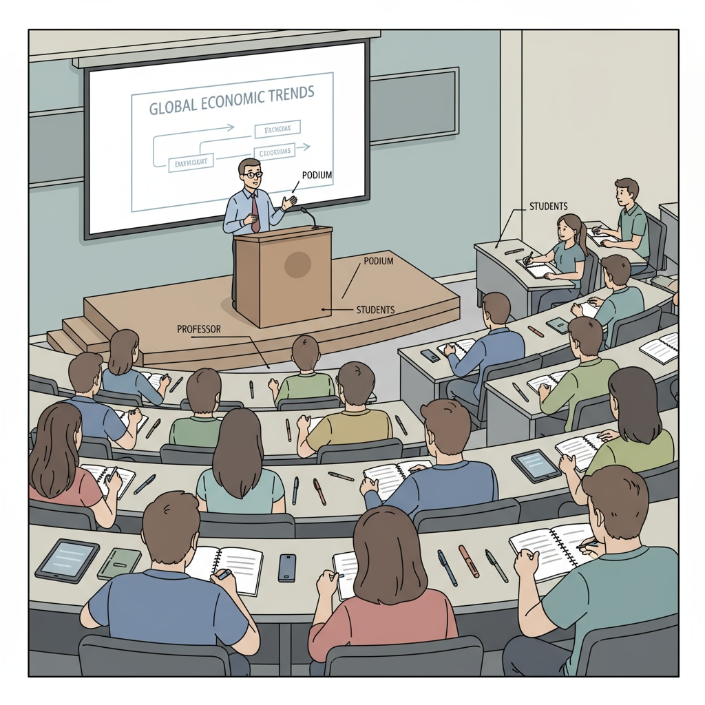 A group of students are sitting in a lecture hall, listening intently to a professor who is speaking at the podium. There are notebooks and pens on their desks, and some students are taking notes. Students paying attention during a university lecture