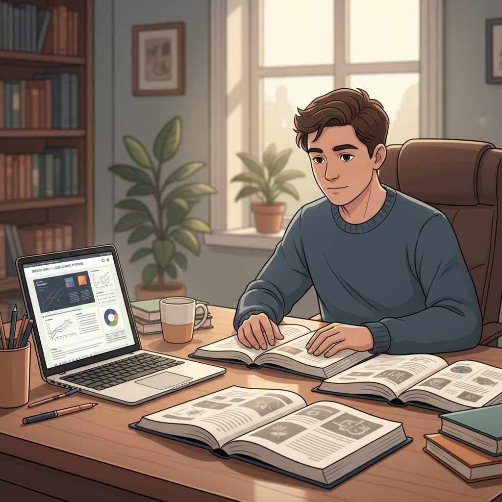 A student is sitting at a wooden desk in a quiet room. There are several books open in front of them, and a laptop screen displays research materials. The student is concentrating on the study materials. A student engaged in self-directed learning