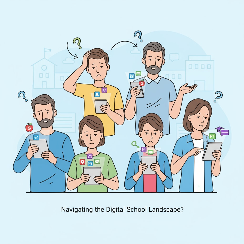 A group of parents looking confused while holding their mobile devices with various school app icons on the screen. Parents confused about multiple school digital platforms including Peachjar and Securely.