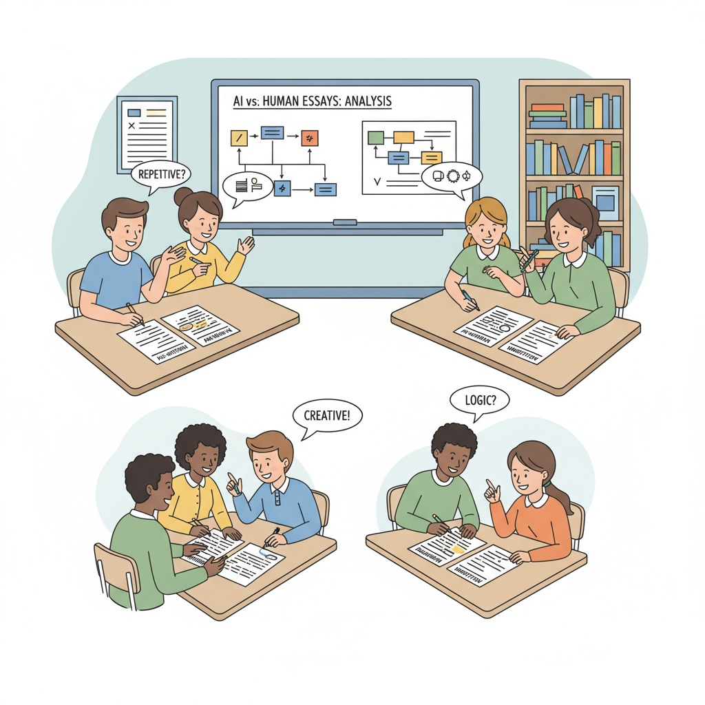 A classroom scene where students are comparing AI-written and human-written essays. The students are gathered in groups, discussing and highlighting the differences on printed texts. Students comparing AI and human writing in a classroom setting to understand writing authenticity and characteristics.