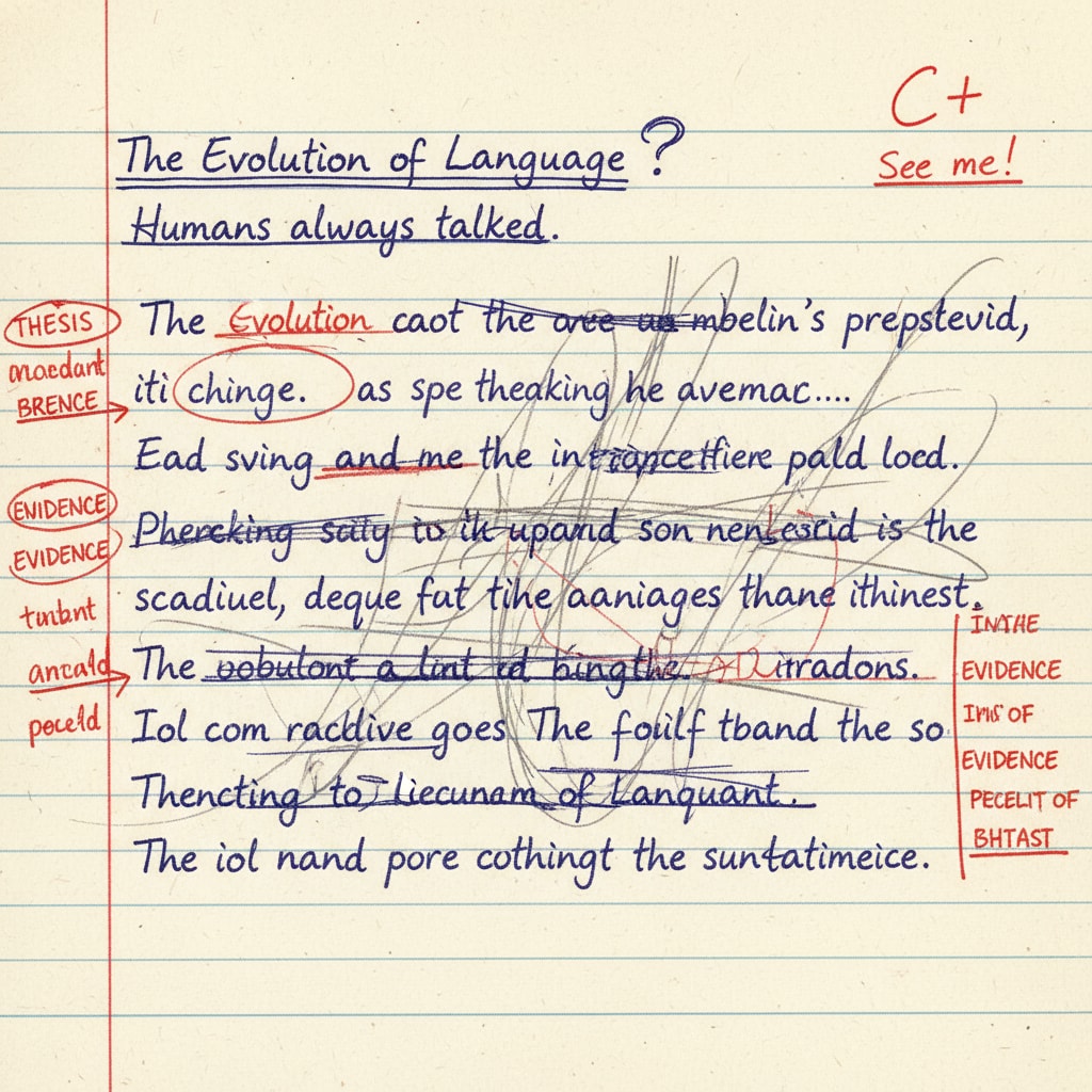 A close-up of a handwritten essay with scribbles and corrections, showing the human touch. The paper has crossed-out words, added notes in the margins, and a unique handwriting style. A handwritten essay demonstrating the authenticity and unique writing characteristics of human writing.